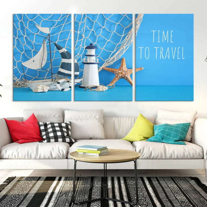 The "Sailing Boat Starfish and Lighthouse Wall Art Canvas Print" is a coastal-themed triptych that showcases nautical elements, including starfish against a blue background. Expertly printed on museum-quality canvas, this gallery-wrapped piece features the caption "Time to Travel" and comes with a UV-protective coating to ensure lasting vibrancy on your wall.