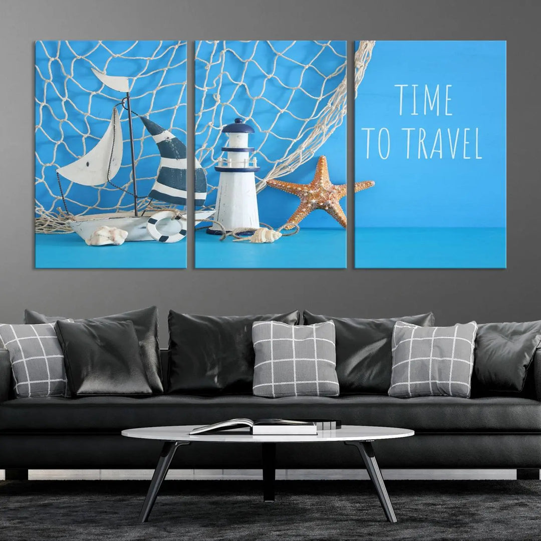 The "Sailing Boat Starfish and Lighthouse Wall Art Canvas Print" is a coastal-themed triptych that showcases nautical elements, including starfish against a blue background. Expertly printed on museum-quality canvas, this gallery-wrapped piece features the caption "Time to Travel" and comes with a UV-protective coating to ensure lasting vibrancy on your wall.