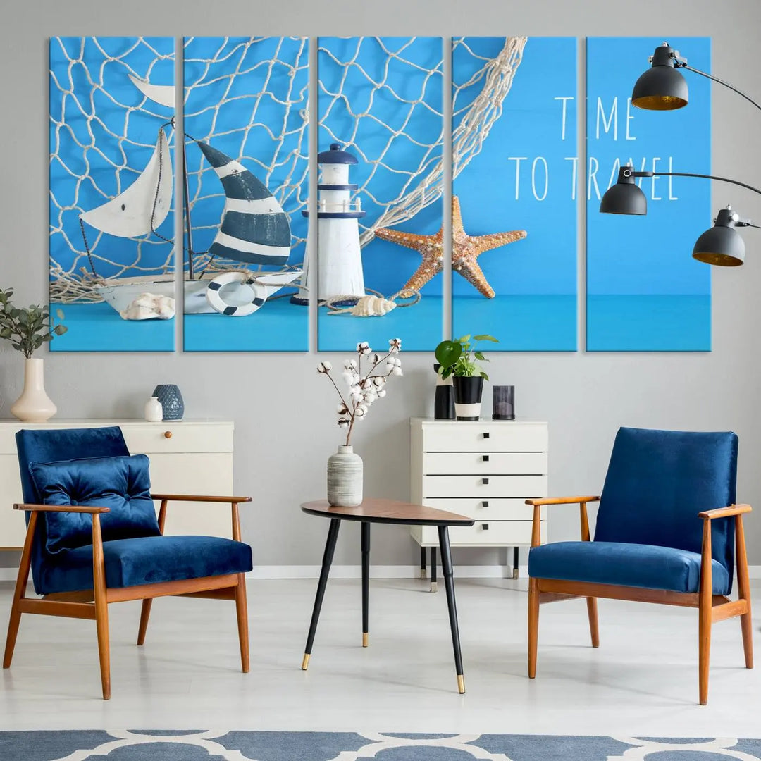 The "Sailing Boat Starfish and Lighthouse Wall Art Canvas Print" is a coastal-themed triptych that showcases nautical elements, including starfish against a blue background. Expertly printed on museum-quality canvas, this gallery-wrapped piece features the caption "Time to Travel" and comes with a UV-protective coating to ensure lasting vibrancy on your wall.