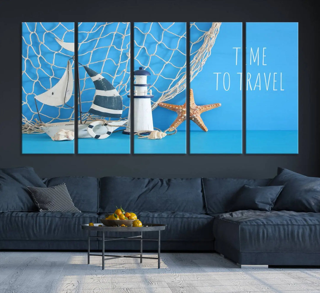 The "Sailing Boat Starfish and Lighthouse Wall Art Canvas Print" is a coastal-themed triptych that showcases nautical elements, including starfish against a blue background. Expertly printed on museum-quality canvas, this gallery-wrapped piece features the caption "Time to Travel" and comes with a UV-protective coating to ensure lasting vibrancy on your wall.