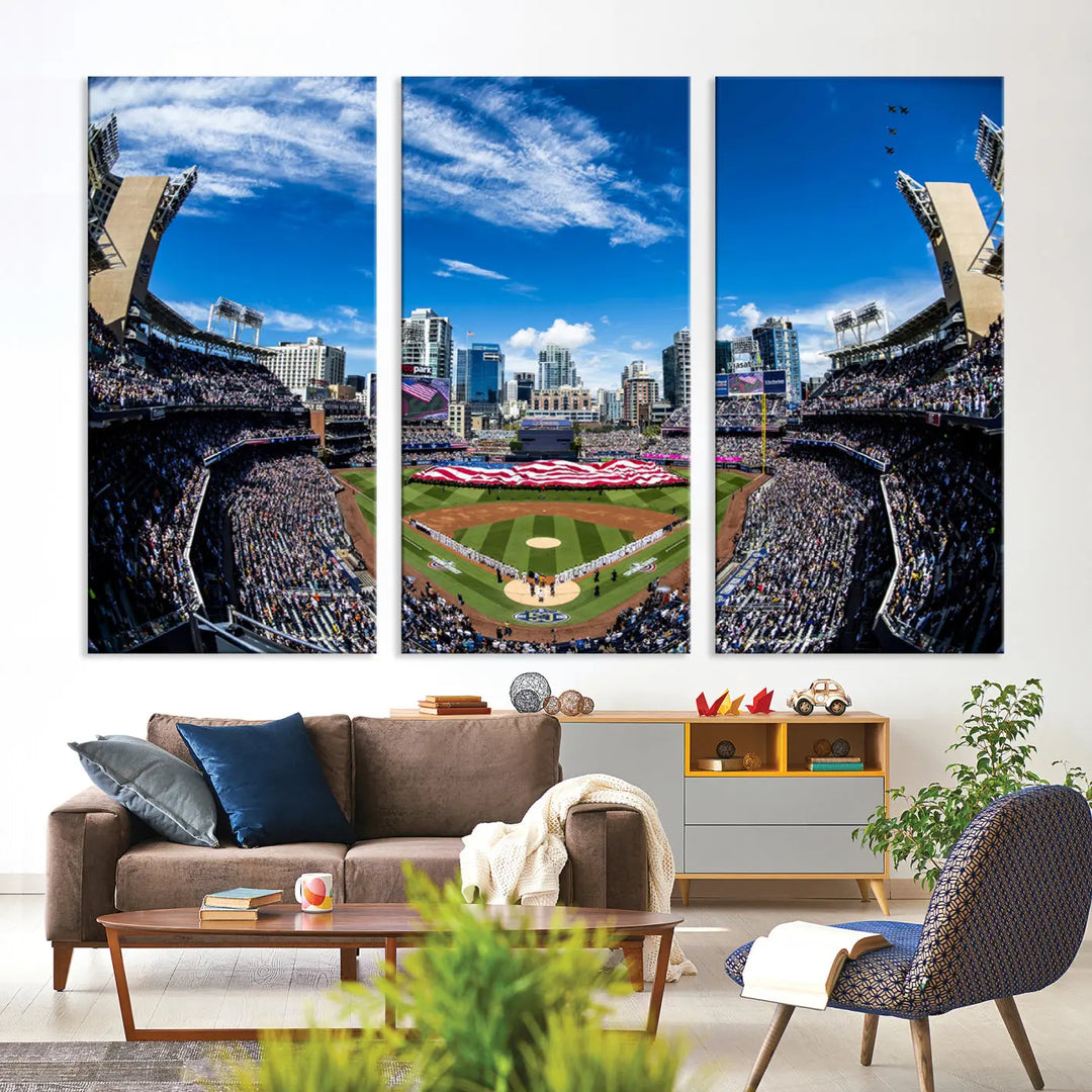 The San Diego Padres Baseball Team Print - Petco Park Stadium Wall Art Canvas Print elegantly enhances a modern living room.