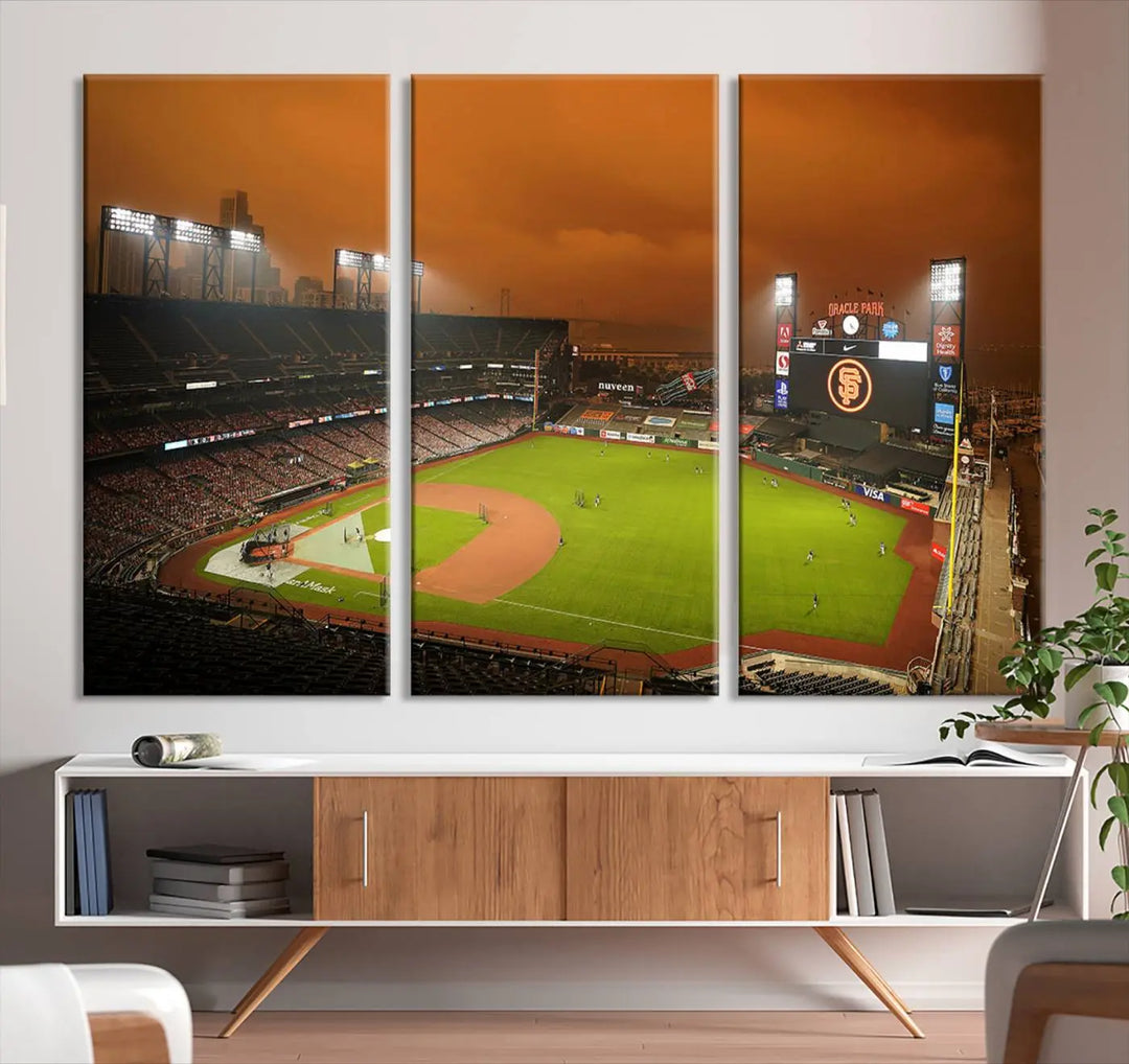 A San Francisco Giants Baseball Team Print featuring Oracle Park Stadium is displayed as stunning wall art.