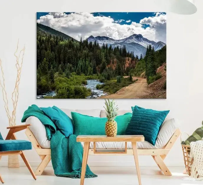 The San Juan Nal Forest Wall Art Landscape Canvas Print is the highlight of the room. This triptych wall art is crafted with museum-quality canvas and each section is expertly finished with a UV-protective coating, ensuring its lasting beauty, thanks to the workmanship of professional craftsmen.