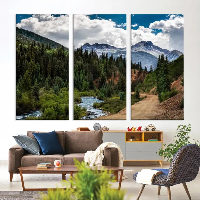 The San Juan Nal Forest Wall Art Landscape Canvas Print is the highlight of the room. This triptych wall art is crafted with museum-quality canvas and each section is expertly finished with a UV-protective coating, ensuring its lasting beauty, thanks to the workmanship of professional craftsmen.