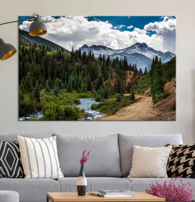 The San Juan Nal Forest Wall Art Landscape Canvas Print is the highlight of the room. This triptych wall art is crafted with museum-quality canvas and each section is expertly finished with a UV-protective coating, ensuring its lasting beauty, thanks to the workmanship of professional craftsmen.