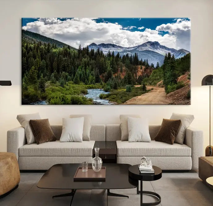 The San Juan Nal Forest Wall Art Landscape Canvas Print is the highlight of the room. This triptych wall art is crafted with museum-quality canvas and each section is expertly finished with a UV-protective coating, ensuring its lasting beauty, thanks to the workmanship of professional craftsmen.