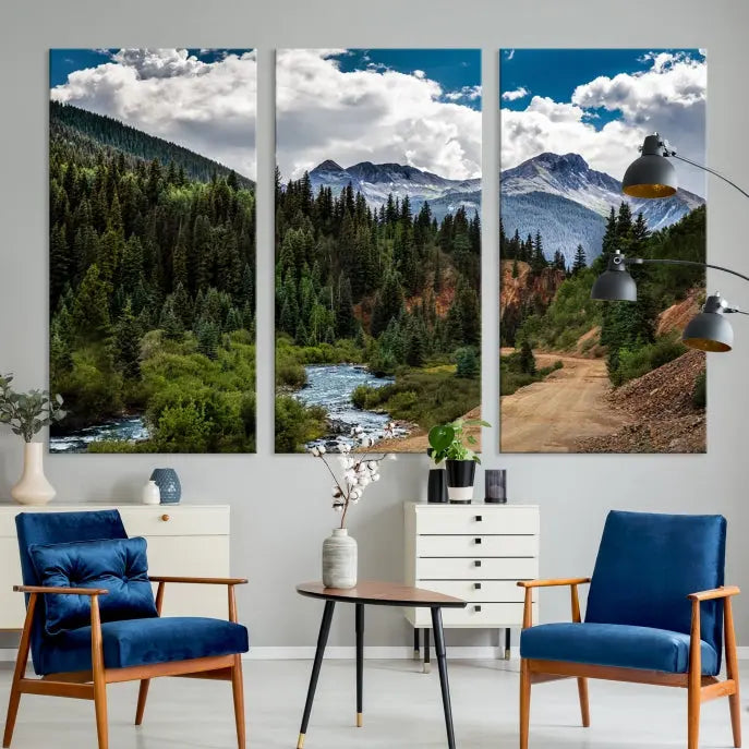 The San Juan Nal Forest Wall Art Landscape Canvas Print is the highlight of the room. This triptych wall art is crafted with museum-quality canvas and each section is expertly finished with a UV-protective coating, ensuring its lasting beauty, thanks to the workmanship of professional craftsmen.