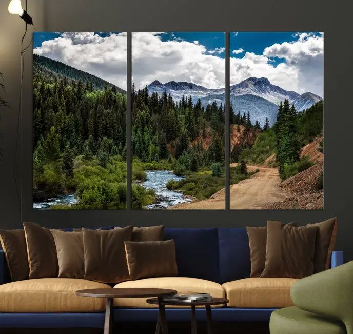 The San Juan Nal Forest Wall Art Landscape Canvas Print is the highlight of the room. This triptych wall art is crafted with museum-quality canvas and each section is expertly finished with a UV-protective coating, ensuring its lasting beauty, thanks to the workmanship of professional craftsmen.