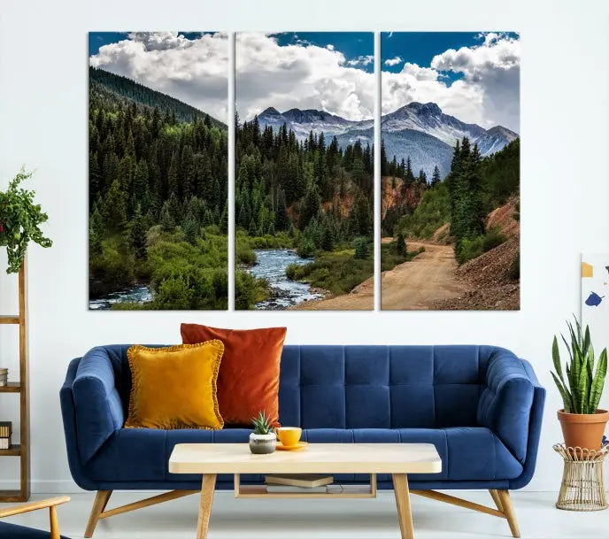 The San Juan Nal Forest Wall Art Landscape Canvas Print is the highlight of the room. This triptych wall art is crafted with museum-quality canvas and each section is expertly finished with a UV-protective coating, ensuring its lasting beauty, thanks to the workmanship of professional craftsmen.