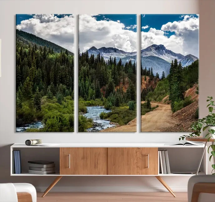 The San Juan Nal Forest Wall Art Landscape Canvas Print is the highlight of the room. This triptych wall art is crafted with museum-quality canvas and each section is expertly finished with a UV-protective coating, ensuring its lasting beauty, thanks to the workmanship of professional craftsmen.