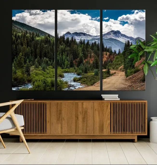 The San Juan Nal Forest Wall Art Landscape Canvas Print is the highlight of the room. This triptych wall art is crafted with museum-quality canvas and each section is expertly finished with a UV-protective coating, ensuring its lasting beauty, thanks to the workmanship of professional craftsmen.