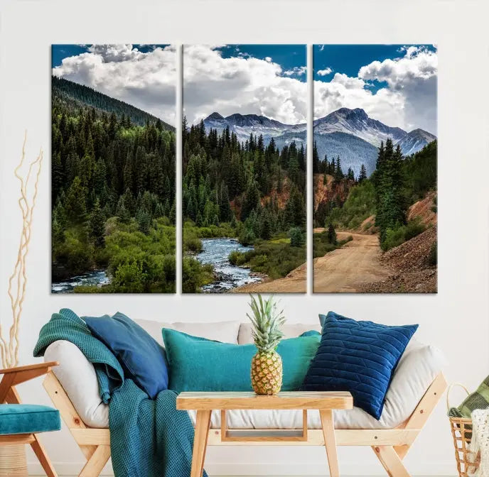 The San Juan Nal Forest Wall Art Landscape Canvas Print is the highlight of the room. This triptych wall art is crafted with museum-quality canvas and each section is expertly finished with a UV-protective coating, ensuring its lasting beauty, thanks to the workmanship of professional craftsmen.