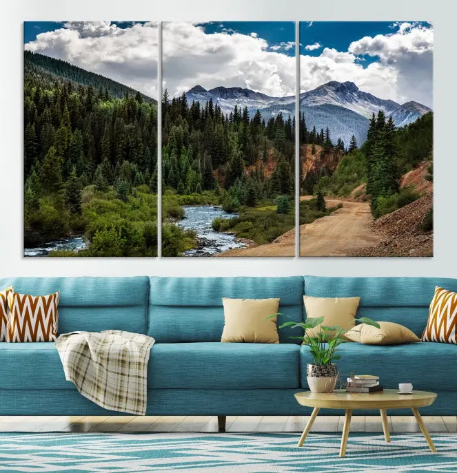 The San Juan Nal Forest Wall Art Landscape Canvas Print is the highlight of the room. This triptych wall art is crafted with museum-quality canvas and each section is expertly finished with a UV-protective coating, ensuring its lasting beauty, thanks to the workmanship of professional craftsmen.