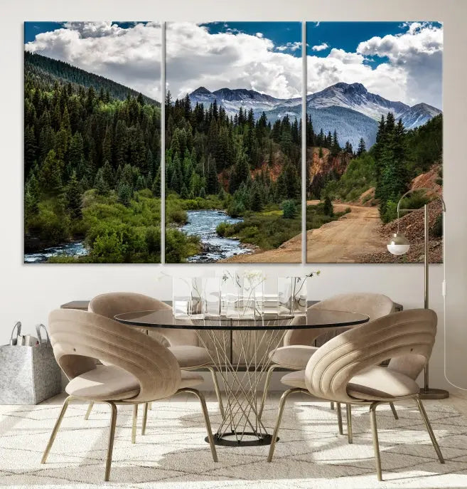 The San Juan Nal Forest Wall Art Landscape Canvas Print is the highlight of the room. This triptych wall art is crafted with museum-quality canvas and each section is expertly finished with a UV-protective coating, ensuring its lasting beauty, thanks to the workmanship of professional craftsmen.