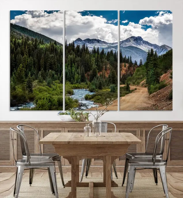 The San Juan Nal Forest Wall Art Landscape Canvas Print is the highlight of the room. This triptych wall art is crafted with museum-quality canvas and each section is expertly finished with a UV-protective coating, ensuring its lasting beauty, thanks to the workmanship of professional craftsmen.