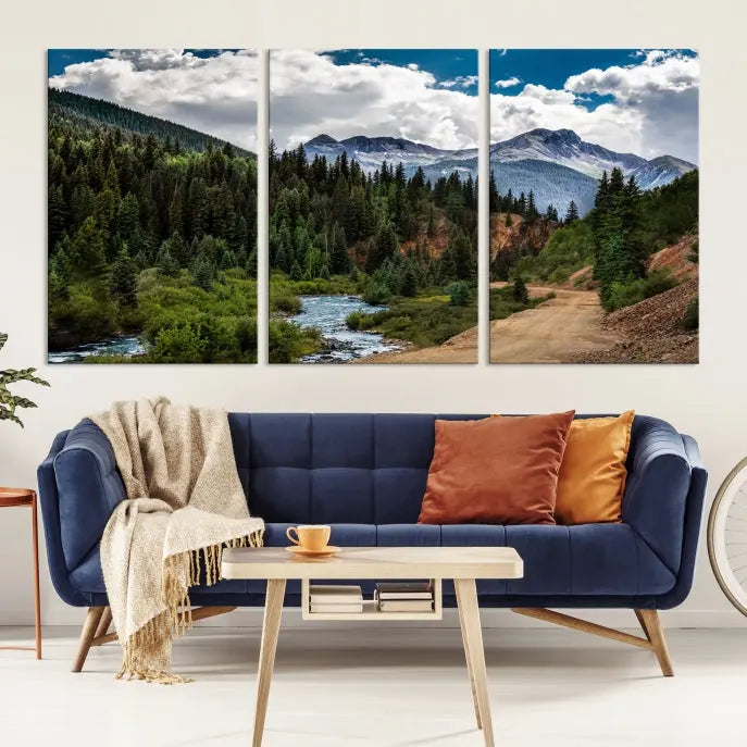 The San Juan Nal Forest Wall Art Landscape Canvas Print is the highlight of the room. This triptych wall art is crafted with museum-quality canvas and each section is expertly finished with a UV-protective coating, ensuring its lasting beauty, thanks to the workmanship of professional craftsmen.