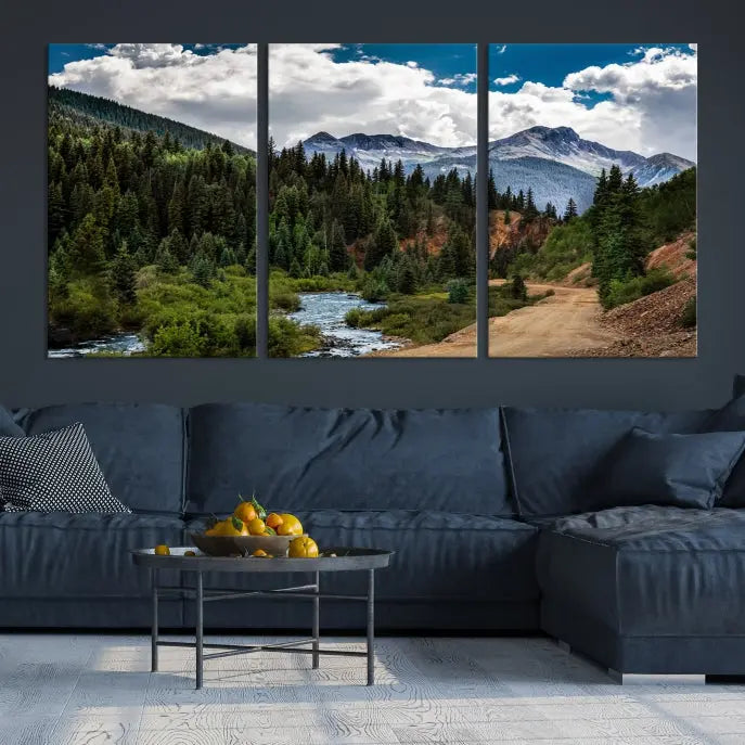 The San Juan Nal Forest Wall Art Landscape Canvas Print is the highlight of the room. This triptych wall art is crafted with museum-quality canvas and each section is expertly finished with a UV-protective coating, ensuring its lasting beauty, thanks to the workmanship of professional craftsmen.