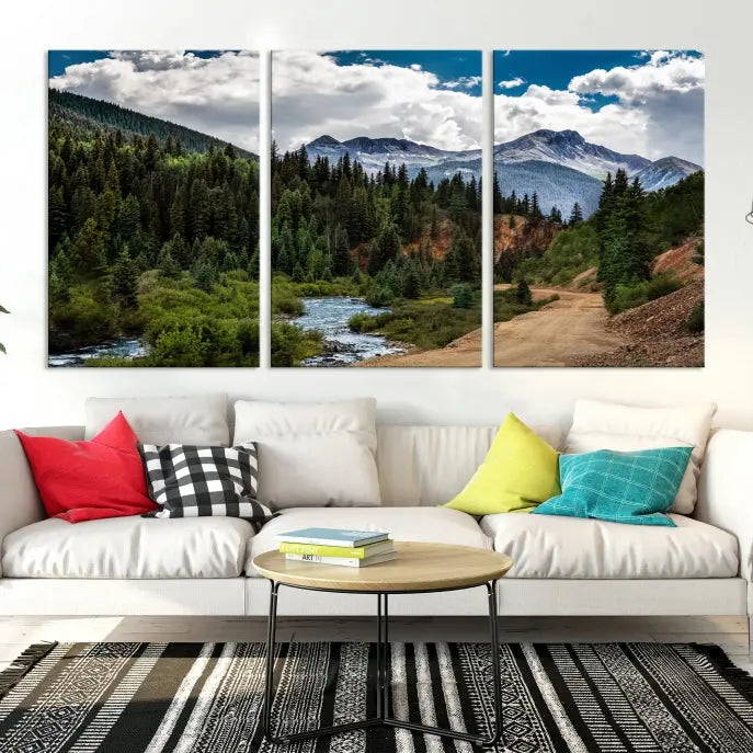 The San Juan Nal Forest Wall Art Landscape Canvas Print is the highlight of the room. This triptych wall art is crafted with museum-quality canvas and each section is expertly finished with a UV-protective coating, ensuring its lasting beauty, thanks to the workmanship of professional craftsmen.