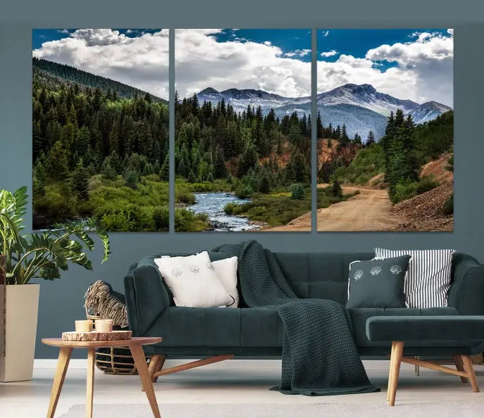 The San Juan Nal Forest Wall Art Landscape Canvas Print is the highlight of the room. This triptych wall art is crafted with museum-quality canvas and each section is expertly finished with a UV-protective coating, ensuring its lasting beauty, thanks to the workmanship of professional craftsmen.