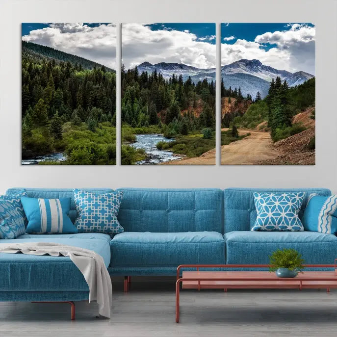 The San Juan Nal Forest Wall Art Landscape Canvas Print is the highlight of the room. This triptych wall art is crafted with museum-quality canvas and each section is expertly finished with a UV-protective coating, ensuring its lasting beauty, thanks to the workmanship of professional craftsmen.