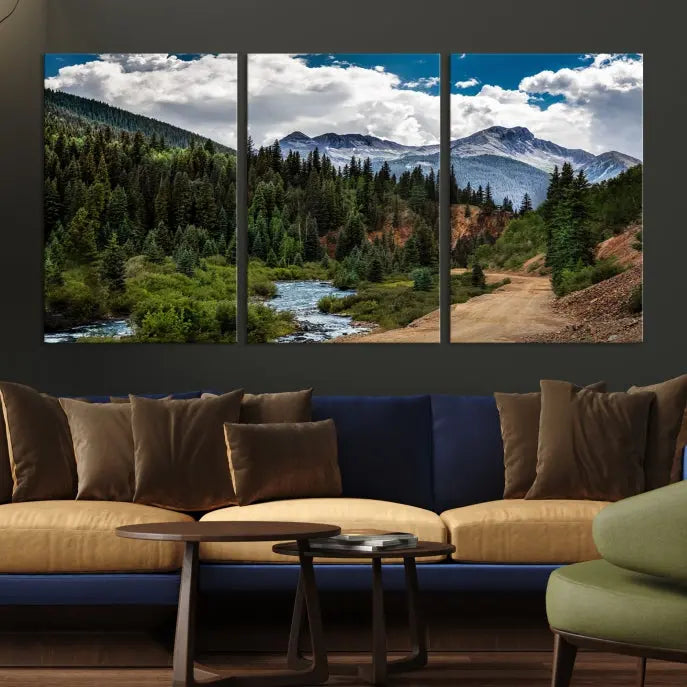 The San Juan Nal Forest Wall Art Landscape Canvas Print is the highlight of the room. This triptych wall art is crafted with museum-quality canvas and each section is expertly finished with a UV-protective coating, ensuring its lasting beauty, thanks to the workmanship of professional craftsmen.