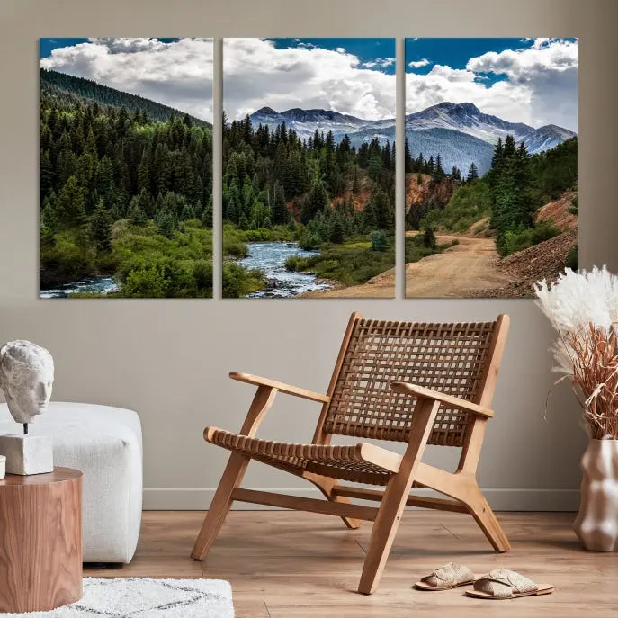 The San Juan Nal Forest Wall Art Landscape Canvas Print is the highlight of the room. This triptych wall art is crafted with museum-quality canvas and each section is expertly finished with a UV-protective coating, ensuring its lasting beauty, thanks to the workmanship of professional craftsmen.