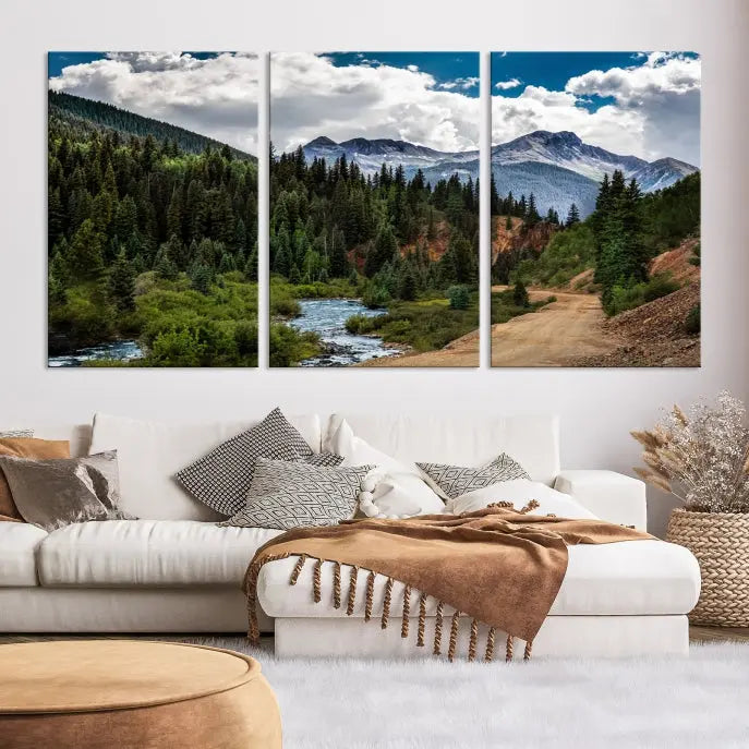 The San Juan Nal Forest Wall Art Landscape Canvas Print is the highlight of the room. This triptych wall art is crafted with museum-quality canvas and each section is expertly finished with a UV-protective coating, ensuring its lasting beauty, thanks to the workmanship of professional craftsmen.