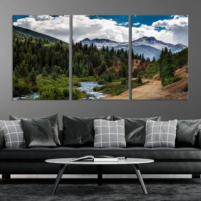 The San Juan Nal Forest Wall Art Landscape Canvas Print is the highlight of the room. This triptych wall art is crafted with museum-quality canvas and each section is expertly finished with a UV-protective coating, ensuring its lasting beauty, thanks to the workmanship of professional craftsmen.