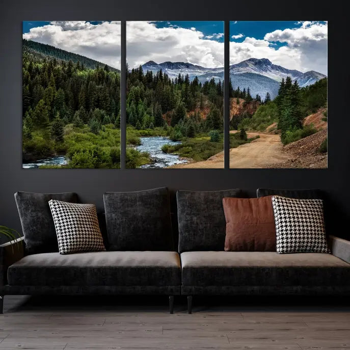 The San Juan Nal Forest Wall Art Landscape Canvas Print is the highlight of the room. This triptych wall art is crafted with museum-quality canvas and each section is expertly finished with a UV-protective coating, ensuring its lasting beauty, thanks to the workmanship of professional craftsmen.