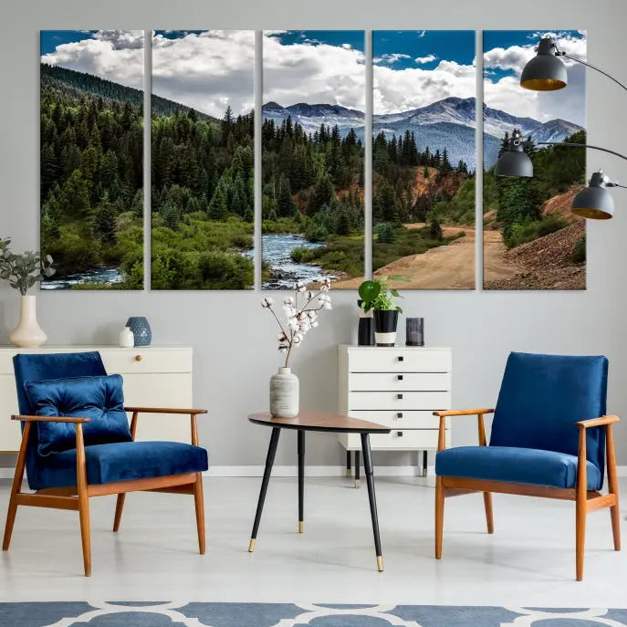 The San Juan Nal Forest Wall Art Landscape Canvas Print is the highlight of the room. This triptych wall art is crafted with museum-quality canvas and each section is expertly finished with a UV-protective coating, ensuring its lasting beauty, thanks to the workmanship of professional craftsmen.