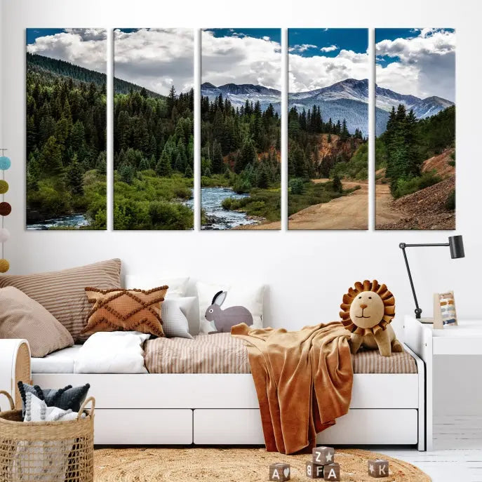 The San Juan Nal Forest Wall Art Landscape Canvas Print is the highlight of the room. This triptych wall art is crafted with museum-quality canvas and each section is expertly finished with a UV-protective coating, ensuring its lasting beauty, thanks to the workmanship of professional craftsmen.