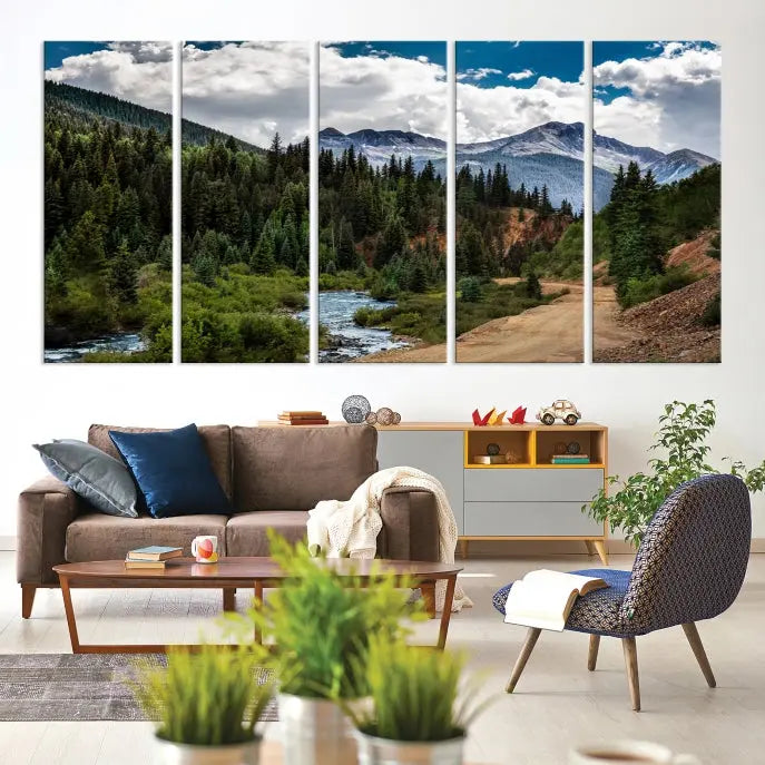 The San Juan Nal Forest Wall Art Landscape Canvas Print is the highlight of the room. This triptych wall art is crafted with museum-quality canvas and each section is expertly finished with a UV-protective coating, ensuring its lasting beauty, thanks to the workmanship of professional craftsmen.