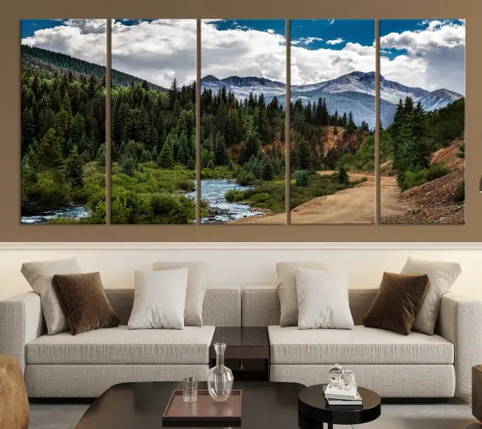 The San Juan Nal Forest Wall Art Landscape Canvas Print is the highlight of the room. This triptych wall art is crafted with museum-quality canvas and each section is expertly finished with a UV-protective coating, ensuring its lasting beauty, thanks to the workmanship of professional craftsmen.