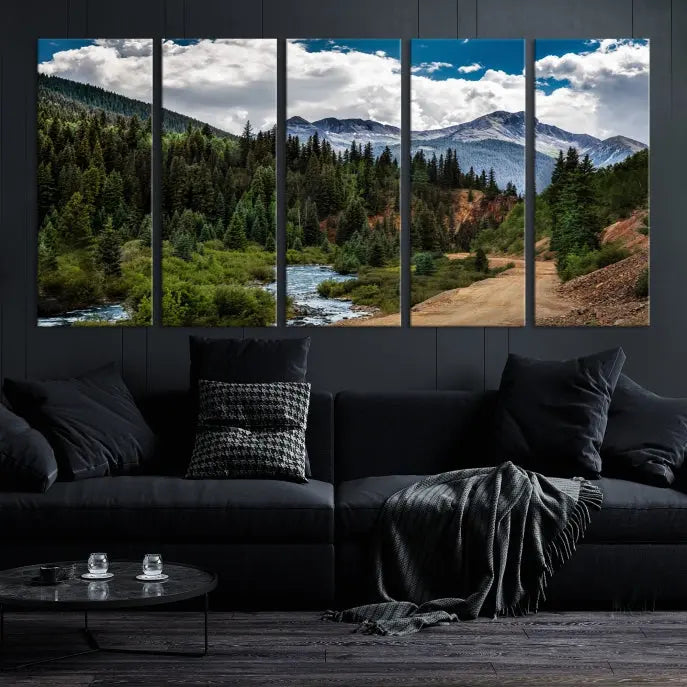 The San Juan Nal Forest Wall Art Landscape Canvas Print is the highlight of the room. This triptych wall art is crafted with museum-quality canvas and each section is expertly finished with a UV-protective coating, ensuring its lasting beauty, thanks to the workmanship of professional craftsmen.