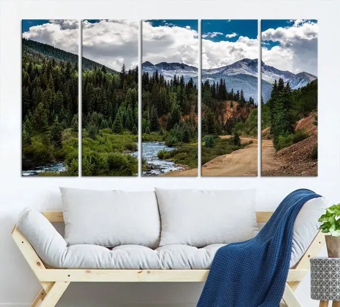 The San Juan Nal Forest Wall Art Landscape Canvas Print is the highlight of the room. This triptych wall art is crafted with museum-quality canvas and each section is expertly finished with a UV-protective coating, ensuring its lasting beauty, thanks to the workmanship of professional craftsmen.