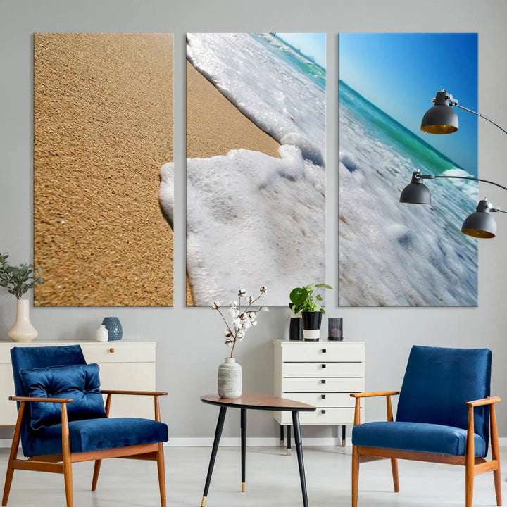 Sandy shoreline close-up ocean wave canvas print. Beach wall art with giclee canvas and gallery wrap, perfect for coastal living decor.