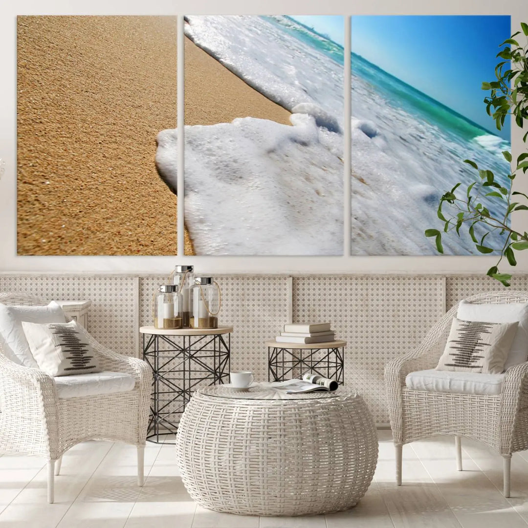 Sandy shoreline close-up ocean wave canvas print. Beach wall art with giclee canvas and gallery wrap, perfect for coastal living decor.