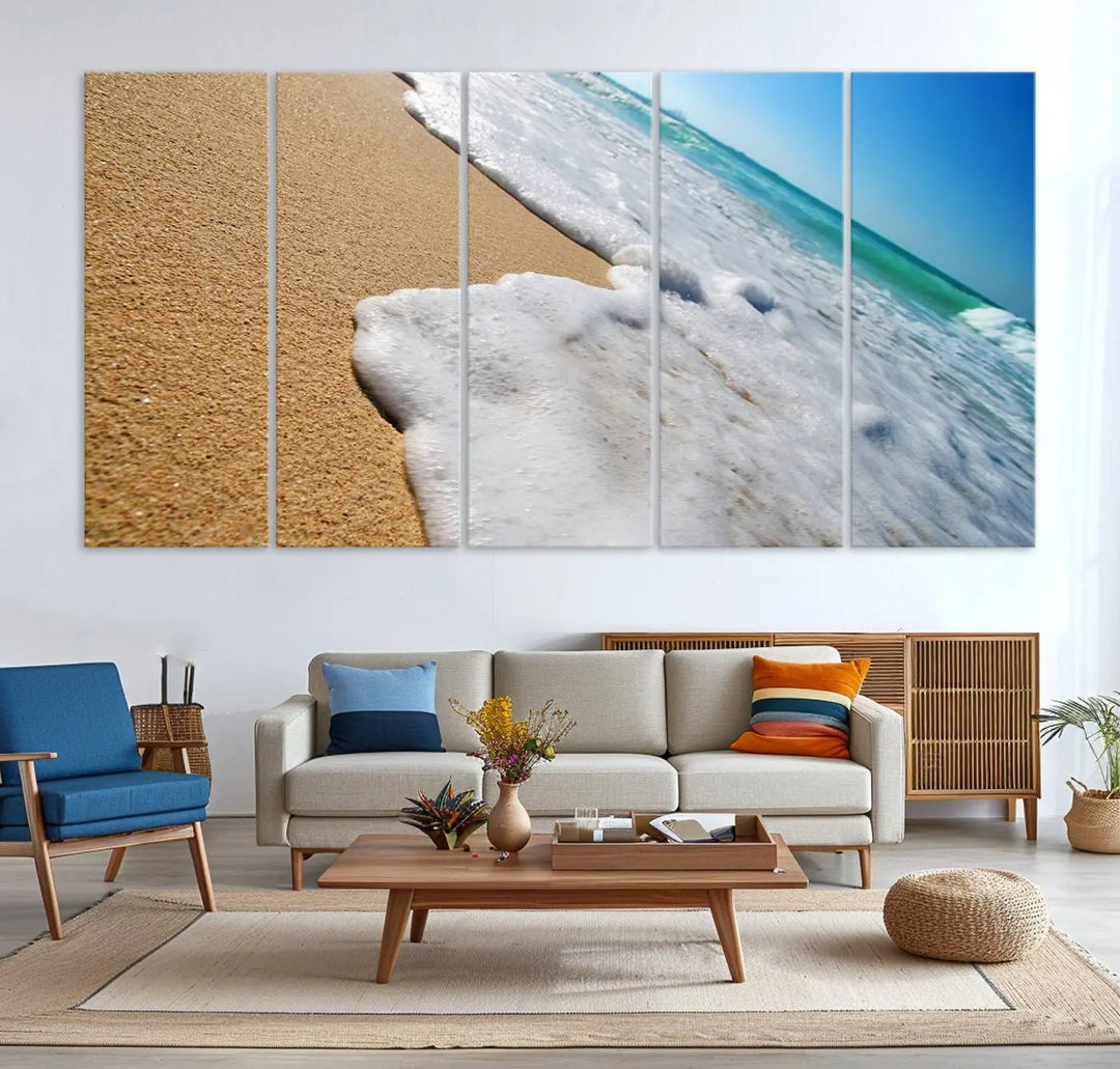 Sandy shoreline close-up ocean wave canvas print. Beach wall art with giclee canvas and gallery wrap, perfect for coastal living decor.