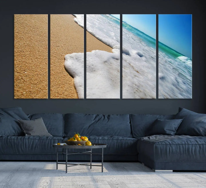 Sandy shoreline close-up ocean wave canvas print. Beach wall art with giclee canvas and gallery wrap, perfect for coastal living decor.