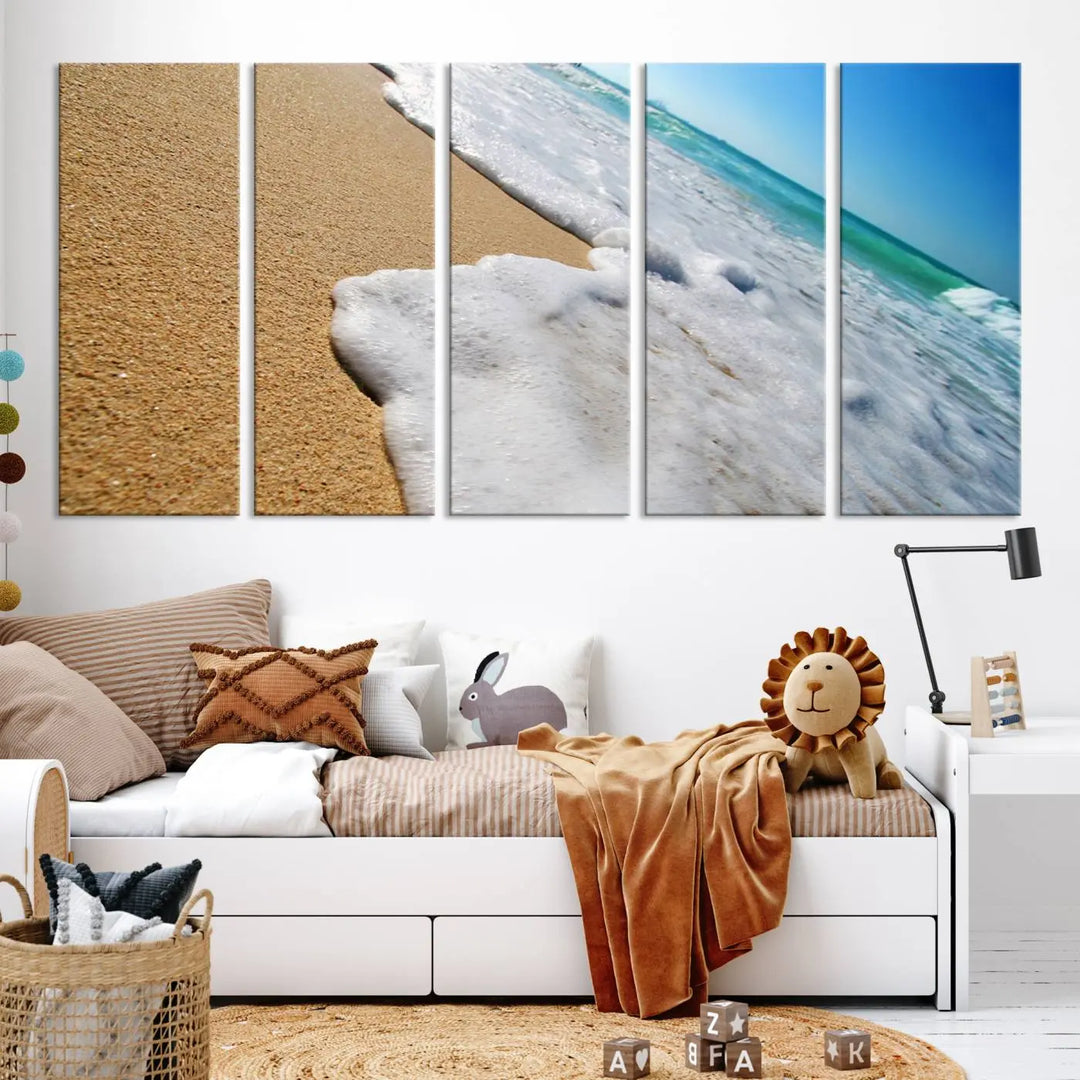 Sandy shoreline close-up ocean wave canvas print. Beach wall art with giclee canvas and gallery wrap, perfect for coastal living decor.