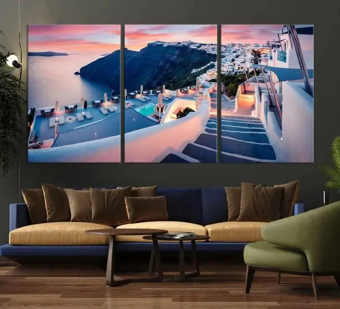 The "Santorini Island Wall Art Canvas Print" features a Greek island landscape displayed as triptych wall art. Crafted on museum-quality canvas with a UV-protective coating, this stunning piece is ready to hang and effortlessly transforms your space into an elegant oasis.