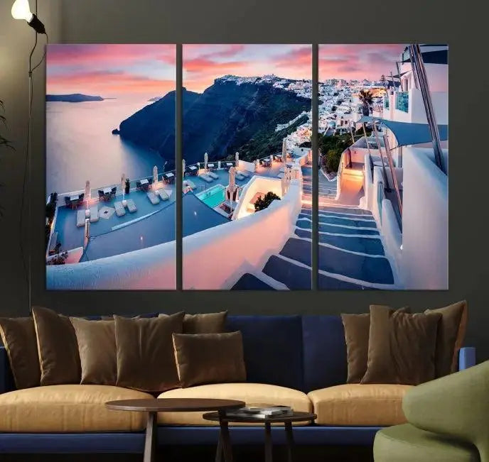 The "Santorini Island Wall Art Canvas Print" features a Greek island landscape displayed as triptych wall art. Crafted on museum-quality canvas with a UV-protective coating, this stunning piece is ready to hang and effortlessly transforms your space into an elegant oasis.