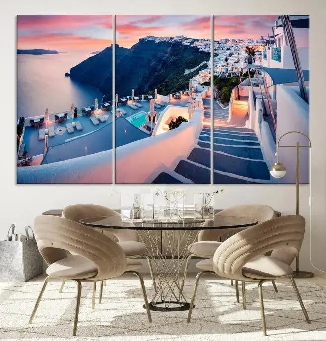 The "Santorini Island Wall Art Canvas Print" features a Greek island landscape displayed as triptych wall art. Crafted on museum-quality canvas with a UV-protective coating, this stunning piece is ready to hang and effortlessly transforms your space into an elegant oasis.