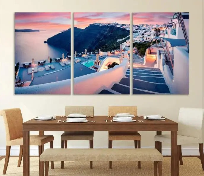 The "Santorini Island Wall Art Canvas Print" features a Greek island landscape displayed as triptych wall art. Crafted on museum-quality canvas with a UV-protective coating, this stunning piece is ready to hang and effortlessly transforms your space into an elegant oasis.