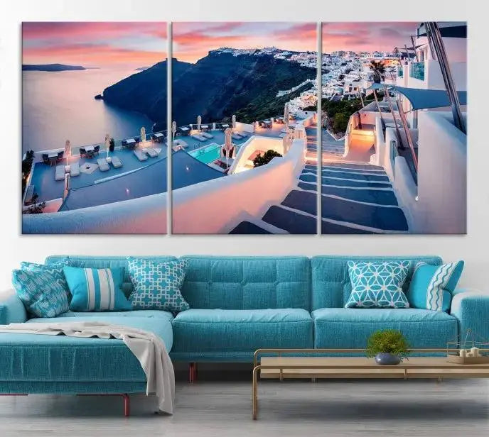 The "Santorini Island Wall Art Canvas Print" features a Greek island landscape displayed as triptych wall art. Crafted on museum-quality canvas with a UV-protective coating, this stunning piece is ready to hang and effortlessly transforms your space into an elegant oasis.