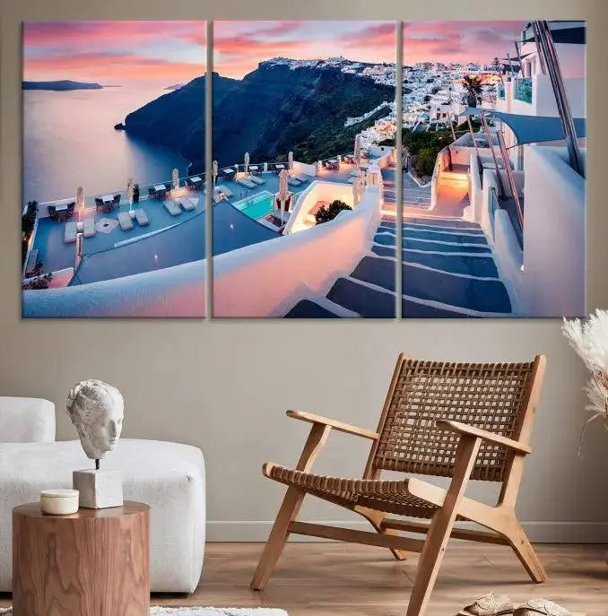 The "Santorini Island Wall Art Canvas Print" features a Greek island landscape displayed as triptych wall art. Crafted on museum-quality canvas with a UV-protective coating, this stunning piece is ready to hang and effortlessly transforms your space into an elegant oasis.