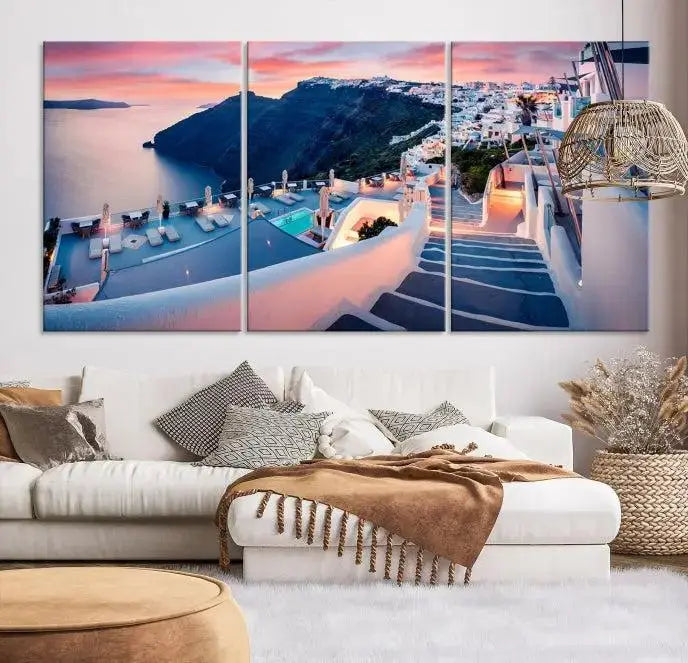 The "Santorini Island Wall Art Canvas Print" features a Greek island landscape displayed as triptych wall art. Crafted on museum-quality canvas with a UV-protective coating, this stunning piece is ready to hang and effortlessly transforms your space into an elegant oasis.