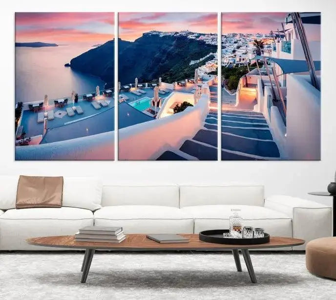 The "Santorini Island Wall Art Canvas Print" features a Greek island landscape displayed as triptych wall art. Crafted on museum-quality canvas with a UV-protective coating, this stunning piece is ready to hang and effortlessly transforms your space into an elegant oasis.