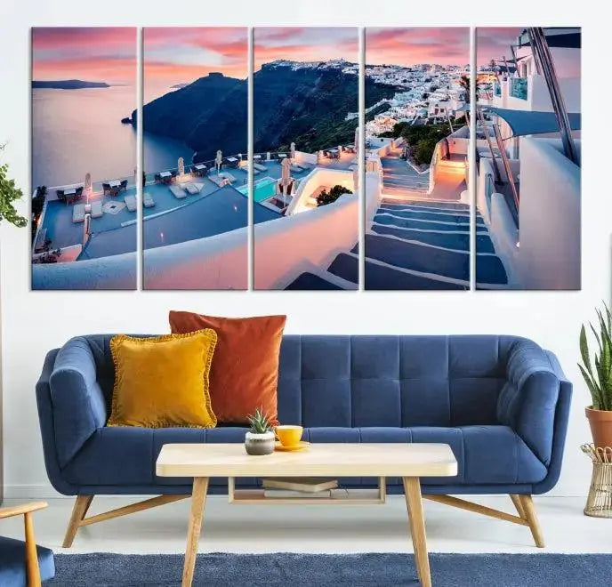 The "Santorini Island Wall Art Canvas Print" features a Greek island landscape displayed as triptych wall art. Crafted on museum-quality canvas with a UV-protective coating, this stunning piece is ready to hang and effortlessly transforms your space into an elegant oasis.