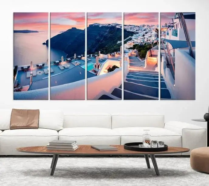 The "Santorini Island Wall Art Canvas Print" features a Greek island landscape displayed as triptych wall art. Crafted on museum-quality canvas with a UV-protective coating, this stunning piece is ready to hang and effortlessly transforms your space into an elegant oasis.